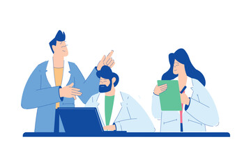 Chemistry with Man and Woman Scientist Character Sitting with Laptop at Desk Vector Illustration