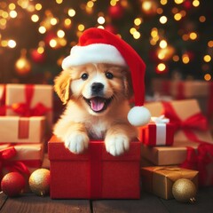very cute little puppy wearing a santa hat amongst the presents at christmas generative ai