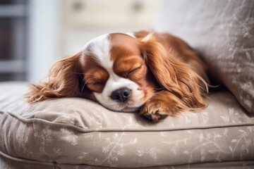 sleeping cavalier king charles spaniel, resting dog on a couch at home, ai generated