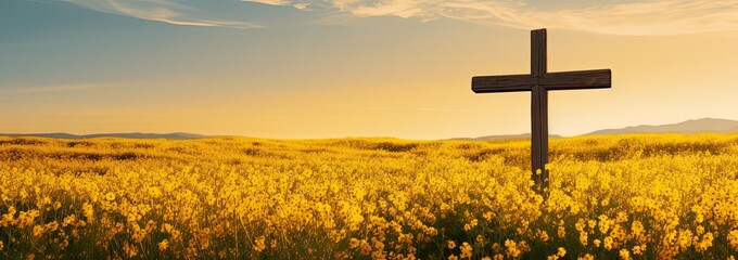 Old wooden cross in field of yellow rapeseed flowers. Generative AI - obrazy, fototapety, plakaty