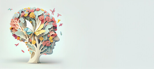 Human brain with flowers and butterflies, self care and mental health concept, positive thinking, creative mind - obrazy, fototapety, plakaty