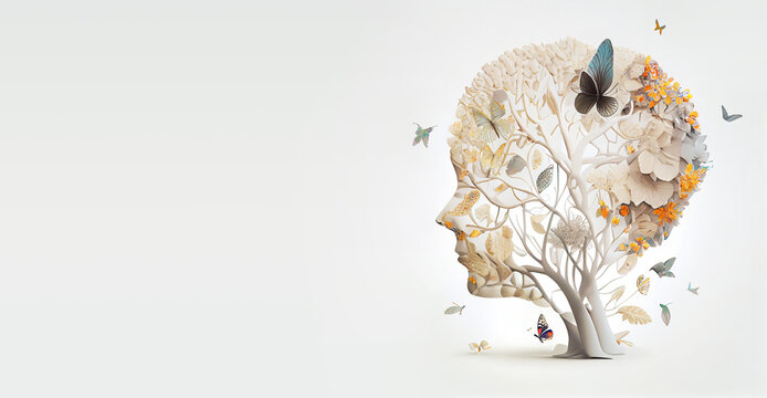 Human brain with flowers and butterflies, self care and mental health concept, positive thinking, creative mind