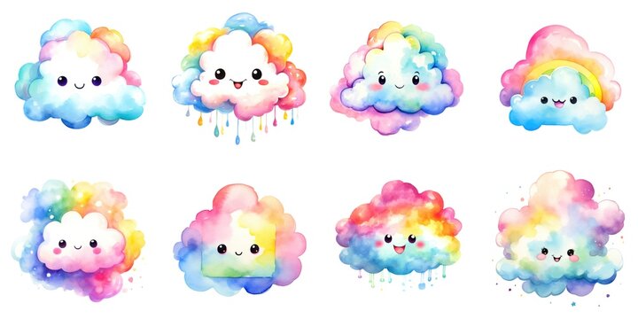 Set of eight clouds, watercolor clipart on white background.