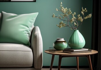 Green aesthetic minimalistic interior design, nature, created with AI