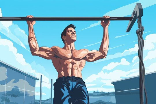 Handsome man training on parallel bars. Sport fitness person at outdoor workout. Generate AI