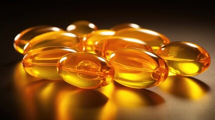 images of vibrant yellow Omega 3-6-9 fish oil softgel capsules, highlighting the importance of essential fatty acids for overall health and wellness. Ideal for health and nutrition promotion - obrazy, fototapety, plakaty