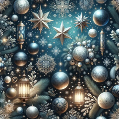 wallpaper pattern interlaces festive elements like gleaming star baubles, intricate snow patterns