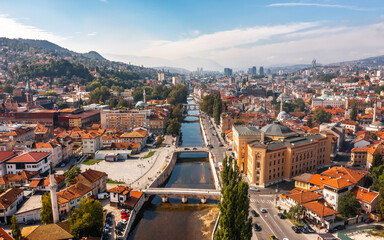 Aerial view of Sarajevo downtown the capital of Bosnia and Herzegovina - obrazy, fototapety, plakaty
