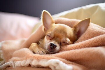 Chihuahua dog sleeping, cute puppy relaxing on a blanket at home, adorable pet portrait, ai generated