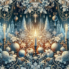 Maintaining the charm of the previous patterns, a wallpaper design melds motifs like radiant ice crystals, lush festive garlands, ornate candle holder