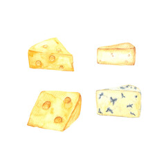 Watercolor food clipart. Pieces of cheese isolated on white background. Italian, French cheese. Gourmet appetizer. Food for wine, delicacies. Cookbook Illustrations, Kitchenware, flyer, recipe,