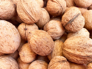 Many large whole walnuts with brown hard skins lie in one pile, close-up, top view. Autumn season. Vitamins.