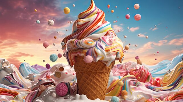 an ice cream tornado that is very colourful and has lots of chunks and swirls , generated by AI