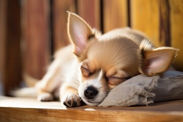 Chihuahua dog sleeping, cute puppy relaxing on a blanket at home, adorable pet portrait, ai generated