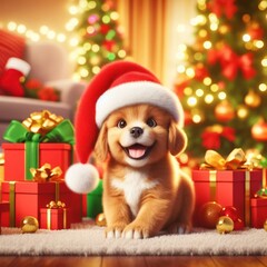 cute 3d art puppy with santa hat and gifts on christmas morning generative ai