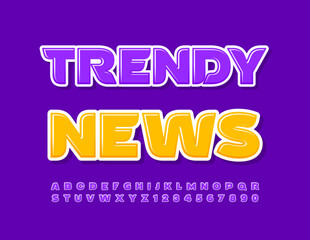 Vector bright flyer Trendy News. Trendy violet Font. Creative glossy Alphabet Letters and Numbers set
