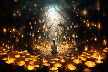 Woman meditating in a forest with many light bulbs, spirituality, explosion of ideas, brainstorming for solutions, open mind for new direction