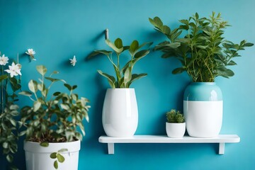 On a blue wall in a bright room, white shelves with decorative potted green plants and a vase with dried flowers are shown.