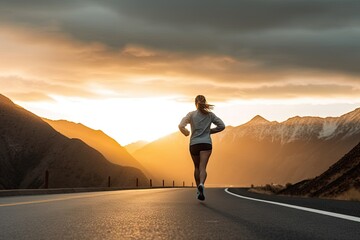 Morning run. Active female jogging under beautiful sunrise. Trail runner. Young woman embracing outdoors. Healthy lifestyle. Fitness enthusiast running on mountain road