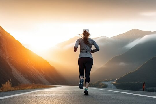 Morning run. Active female jogging under beautiful sunrise. Trail runner. Young woman embracing outdoors. Healthy lifestyle. Fitness enthusiast running on mountain road - Powered by Adobe