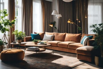 Interior of cozy living room with cozy sofa