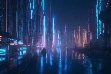Cyberpunk-inspired photorealistic 3D illustration of a futuristic city