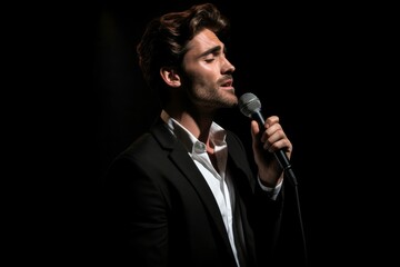 Naklejka premium Handsome man with microphone singing at concert. Sound mic song smile portrait. Generate Ai