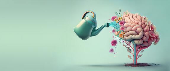 Human brain growing from a flower, watering can is pouring water on the mind, mental health concept, positive attitude, creative thinking - obrazy, fototapety, plakaty