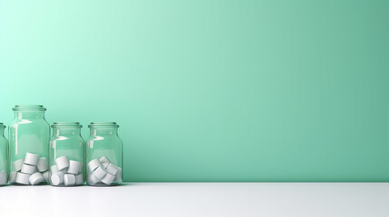 3D Glass jars in empty pastel background. Concept of minimalism. Light background with copy space. 