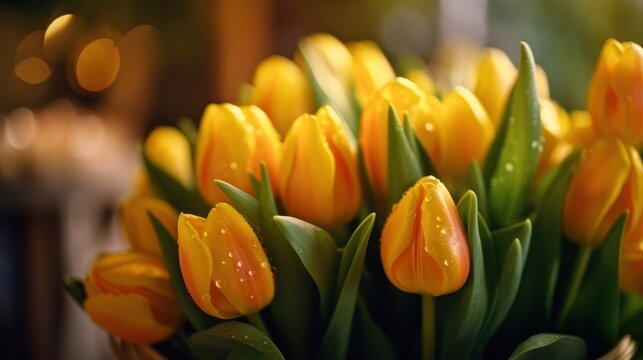 Bouquet of yellow tulips with water drops. Selective focus. Tulips. Mother's day concept with a space for a text. Valentine day concept with a copy space.