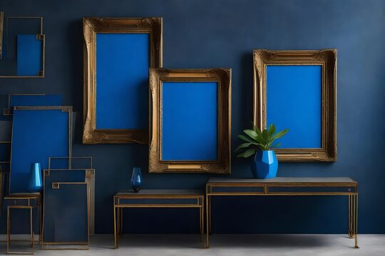 concrete wall décor, picture frames with blue bergere, and 3D depiction of the template.
