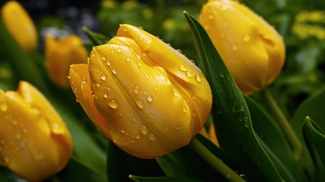 Yellow tulips with water drops on a black background close-up. Tulips. Mother's day concept with a space for a text. Valentine day concept with a copy space.