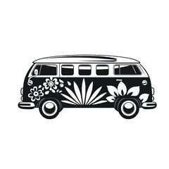 Minimalistischer Hippie Bus: Zeitgenössische Schwarzweiß Vektorgrafik für stilvolle Abenteuerlust