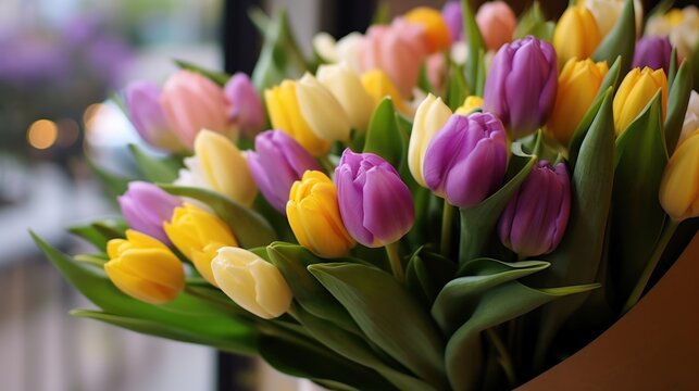 Bouquet of multicolored tulips in a vase. Tulips. Mother's day concept with a space for a text. Valentine day concept with a copy space.