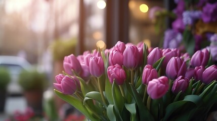 Bouquet of pink tulips on the background of a window. Tulips. Mother's day concept with a space for a text. Valentine day concept with a copy space.