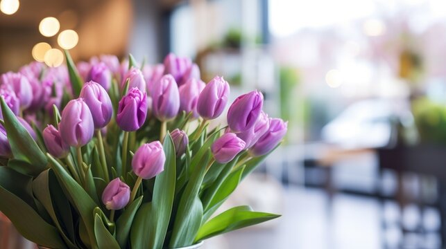 Bouquet of purple tulips on a table in a cafe. Tulips. Mother's day concept with a space for a text. Valentine day concept with a copy space.