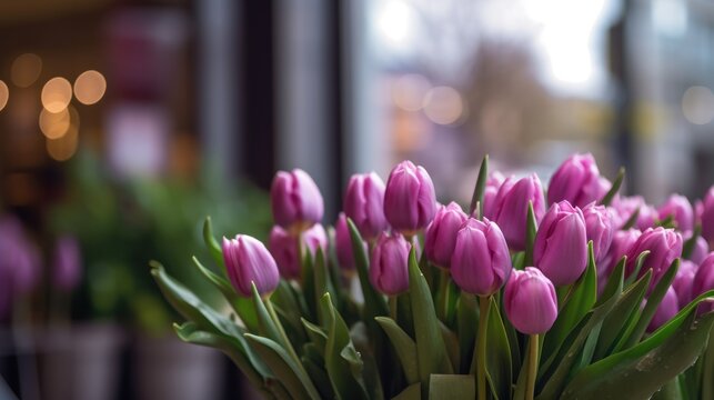 Bouquet of pink tulips in a vase on the windowsill. Tulips. Mother's day concept with a space for a text. Valentine day concept with a copy space.