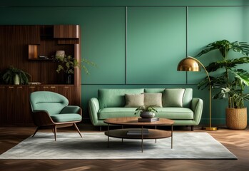 Green aesthetic minimalistic interior design, furniture, nature, created with AI