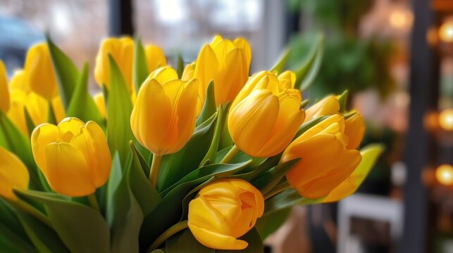 Bouquet of yellow tulips in a vase on the windowsill. Tulips. Mother's day concept with a space for a text. Valentine day concept with a copy space.