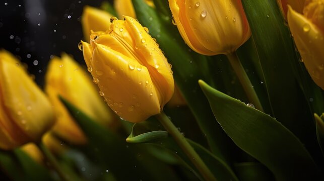 Bouquet of yellow tulips with water drops on a black background. Tulips. Mother's day concept with a space for a text. Valentine day concept with a copy space.