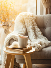 Cup of hot tea or coffee, knitted blanket on sofa. Cozy hygge atmosphere at home. Selective focus, bokeh background.