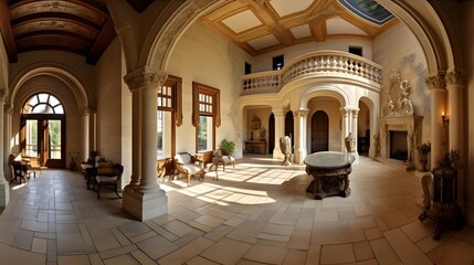 Panoramic view of the interior of an old villa in Austria