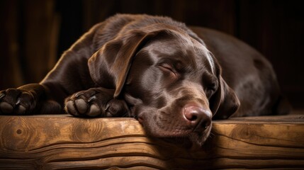 Sleeping Chocolate Labrador Finding Comfort on Wooden Rest - obrazy, fototapety, plakaty