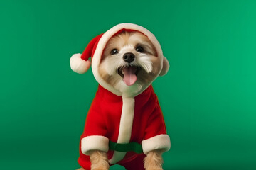 Perro disfrazado de santa claus en navidad con un gorro navideño y fondo verde.