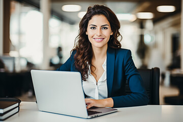 Jeune femme souriante assise a son bureau et travaillant sur un ordinateur portable - obrazy, fototapety, plakaty