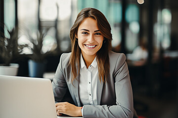 Jeune femme souriante assise a son bureau devant un ordinateur - obrazy, fototapety, plakaty