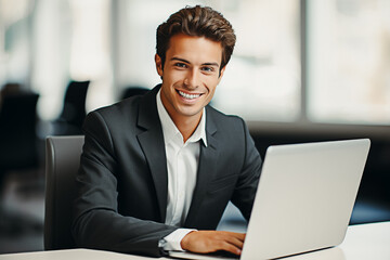 Jeune homme souriant assis a son bureau et travaillant sur un ordinateur portable - obrazy, fototapety, plakaty