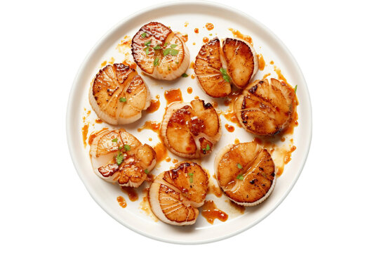 Seared Scallops In Top View On Transparent Background.