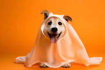 Perro con disfraz de fantasma en halloween, fondo naranja de estudio.