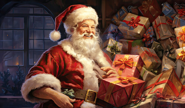 Classic oil style painting of Santa Claus full of gifts. Merry Christmas and happy holidays concept